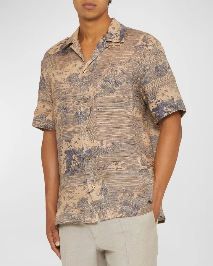Men's Clouds-Print Cotton Camp Shirt