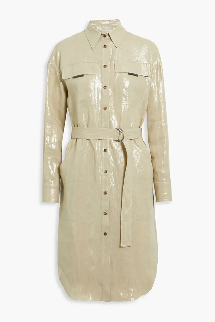 Coated metallic linen shirt dress