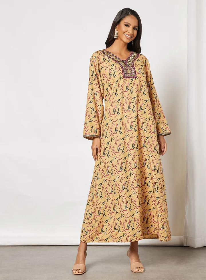All-Over Printed Long Sleeve Cotton Jalabiya