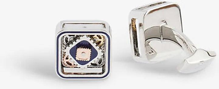 Mens Silver Blue Square Spinning Gear Silver-toned Palladium Cufflinks
