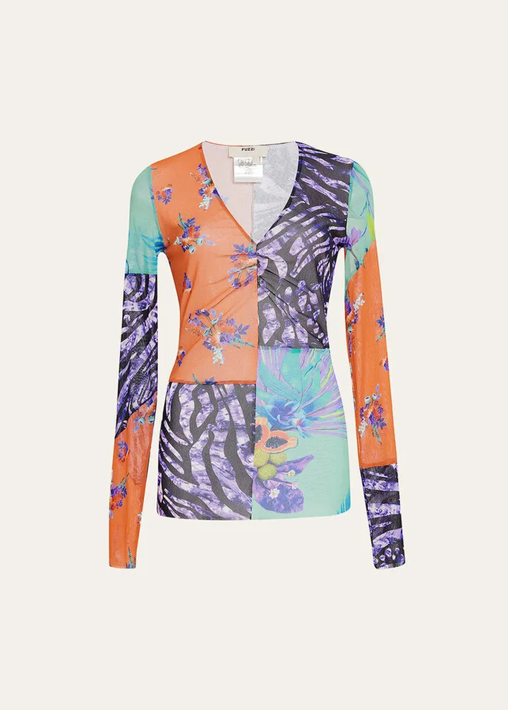 Patchwork-Print Long-Sleeve Tulle Top
