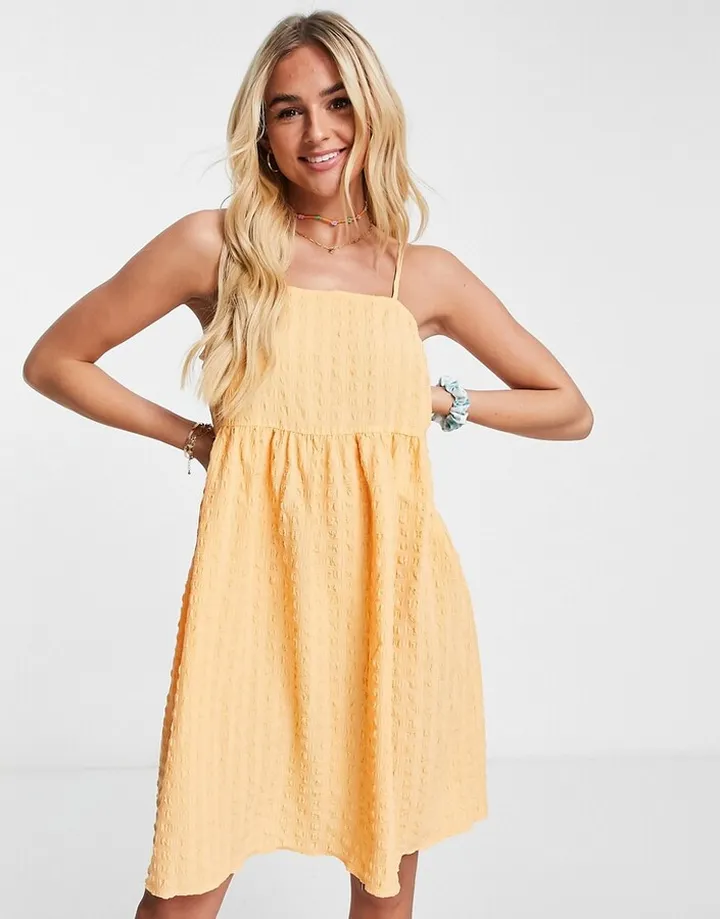 Pieces exclusive textured mini dress in pale orange