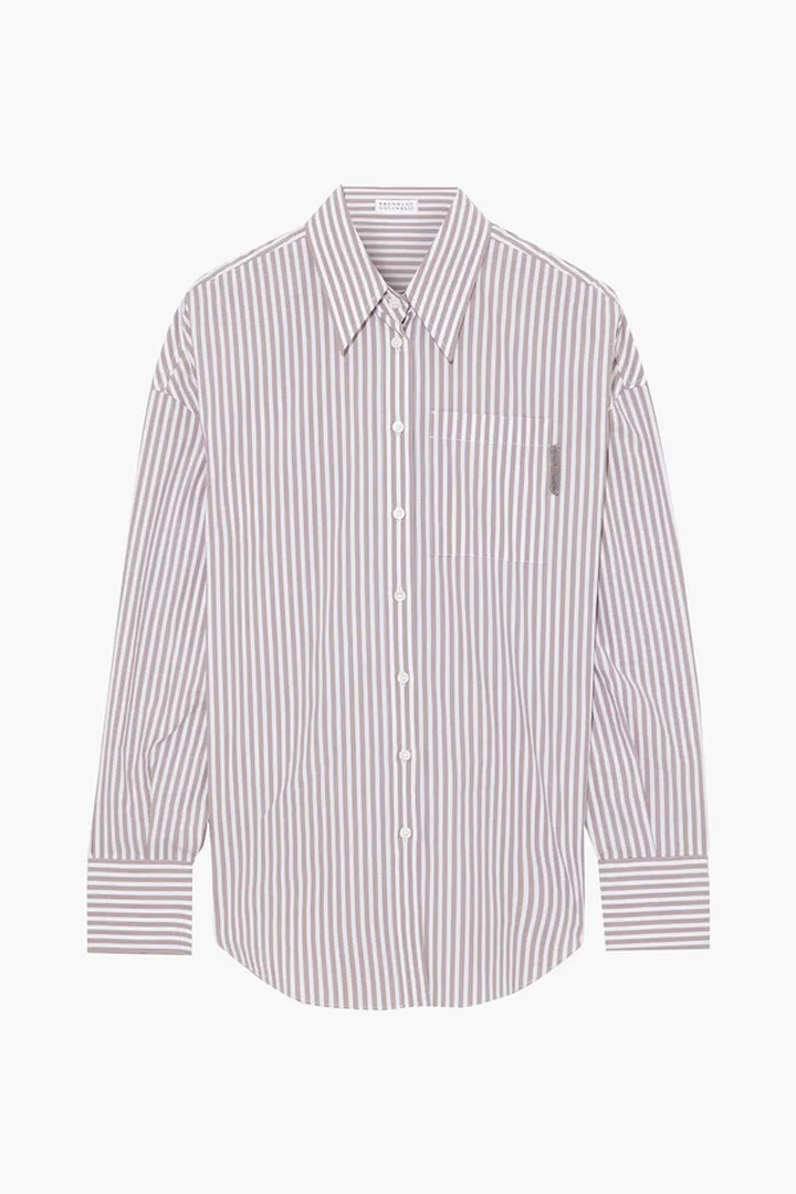Bead-embellished striped cotton-blend poplin shirt