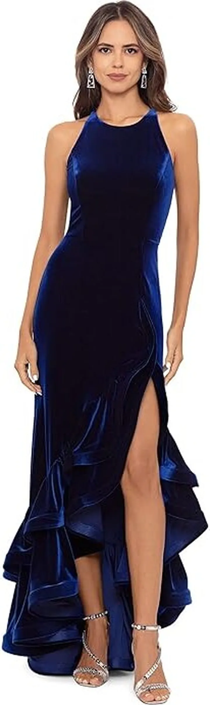 Betsy & Adam Long Velvet Tiered Ruffle Dress (Navy) Women's Dress