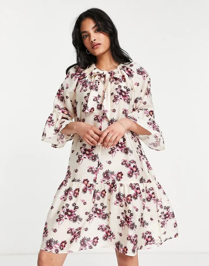 & Other Stories mini smock dress with tiered skirt and tie neck in pretty floral