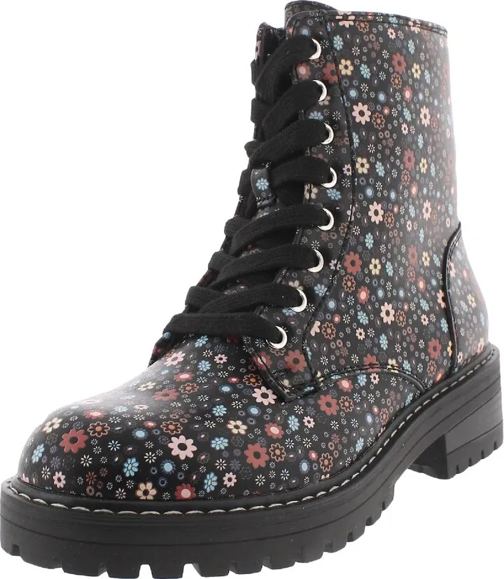 Kaedy Womens Faux Leather Lugged Sole Combat & Lace-up Boots