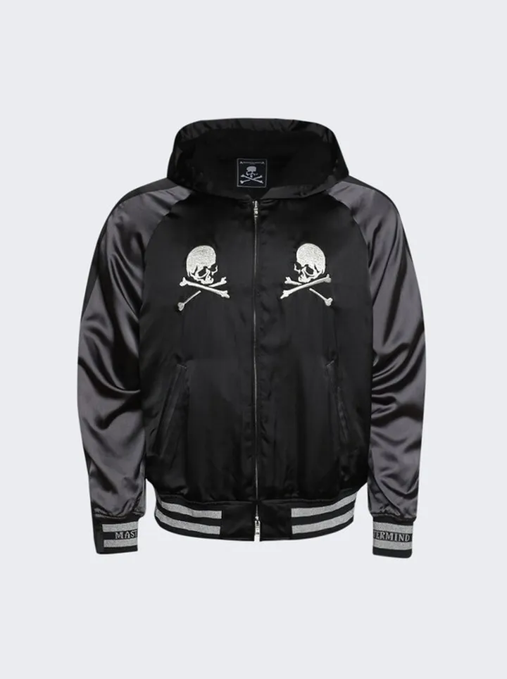 Hooded Silk Bomber Jacket Black and Charcoal