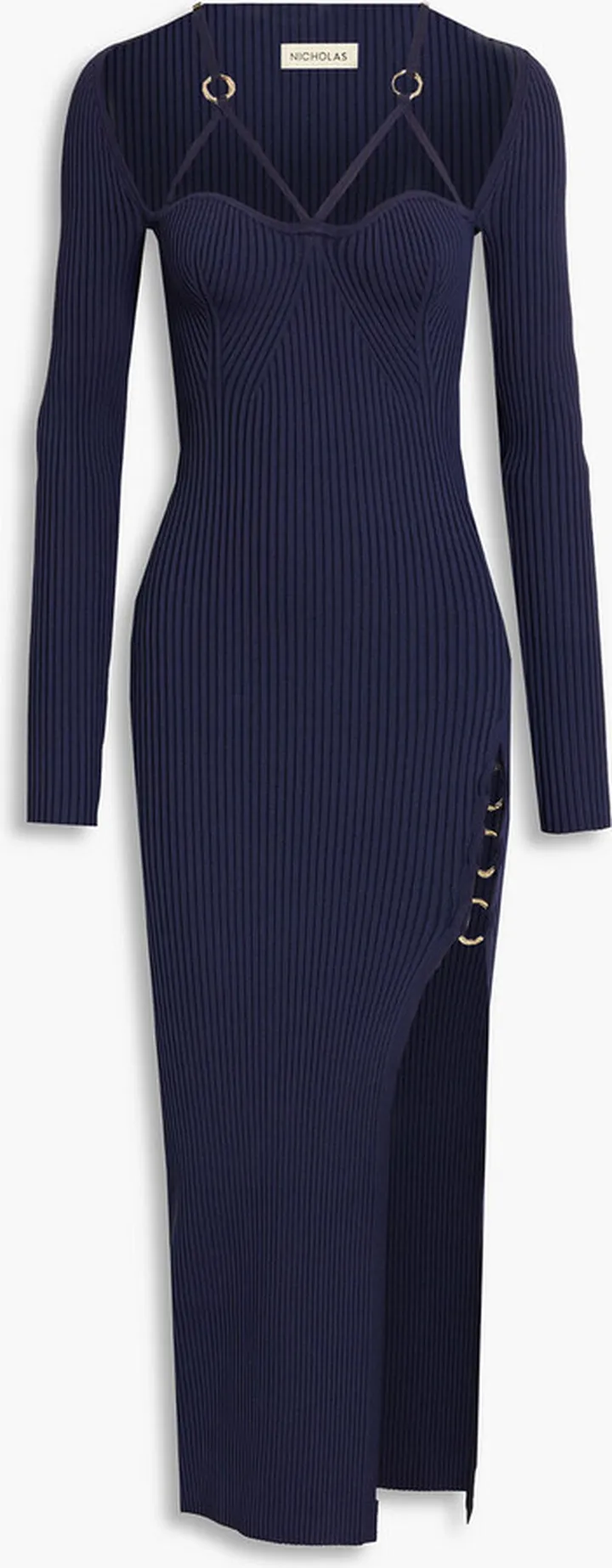 Jona ring-embellished ribbed-knit midi dress