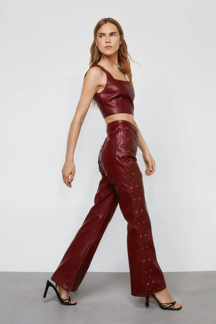 Nasty Gal Womens Faux Leather Lace Up Side Flare Pants