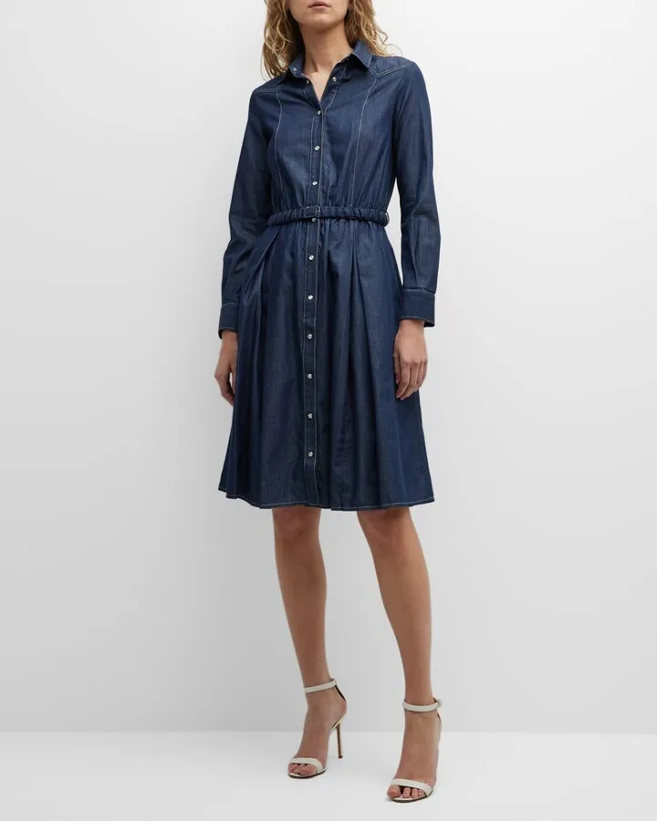 Belted Denim Chambray Western Shirtdress