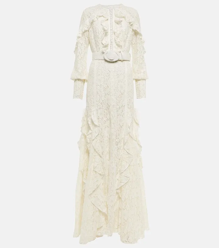 Patrice belted ruffled lace gown