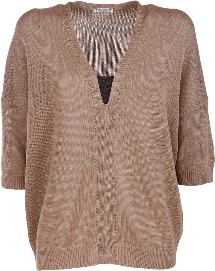 Maglia Garza Cotone Scollo V Inserto Monile