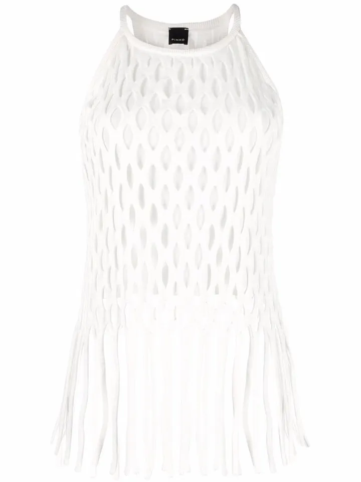 Fringed Open-Knit Halterneck Top