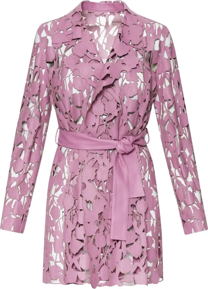 Floral-Lace Leather Trench Coat