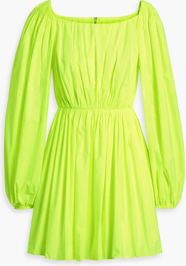 Gathered neon taffeta mini dress