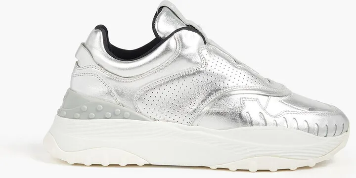 Perforated metallic leather slip-on sneakers