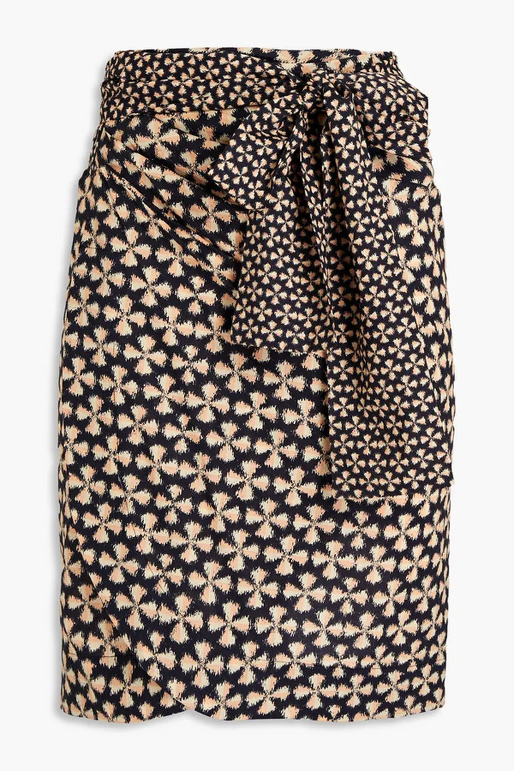 Carmen draped printed cotton mini wrap skirt