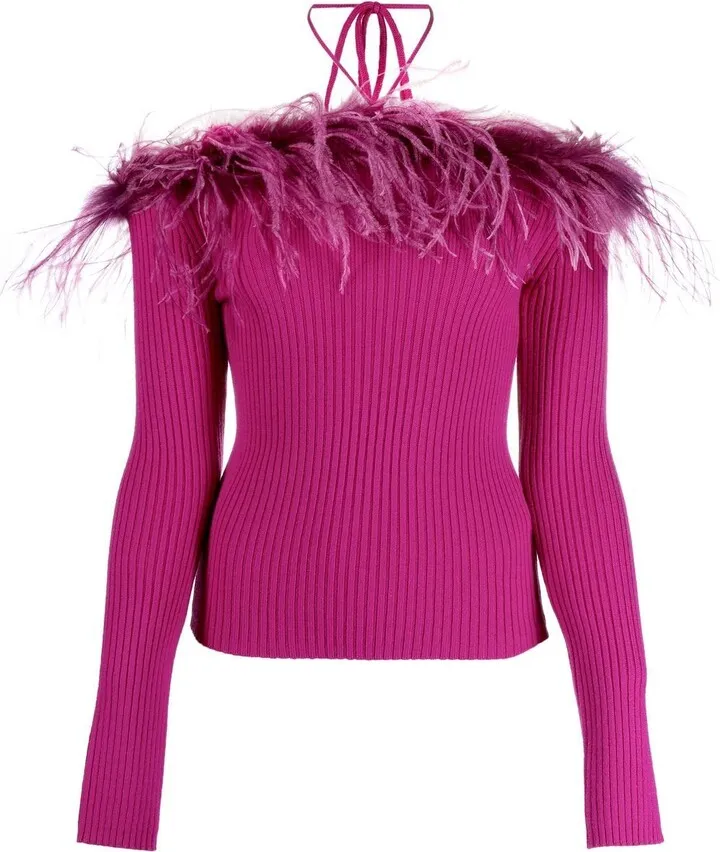 Halterneck Feather Trim Knitted Top