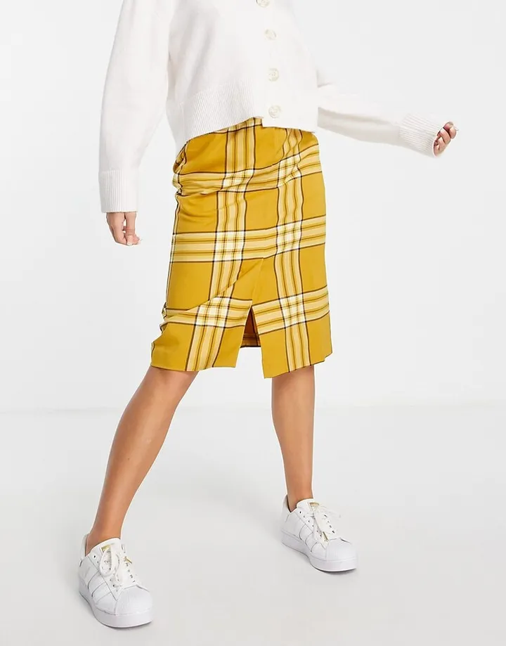 Monki polyester check midi skirt in yellow - part of a set - YELLOW