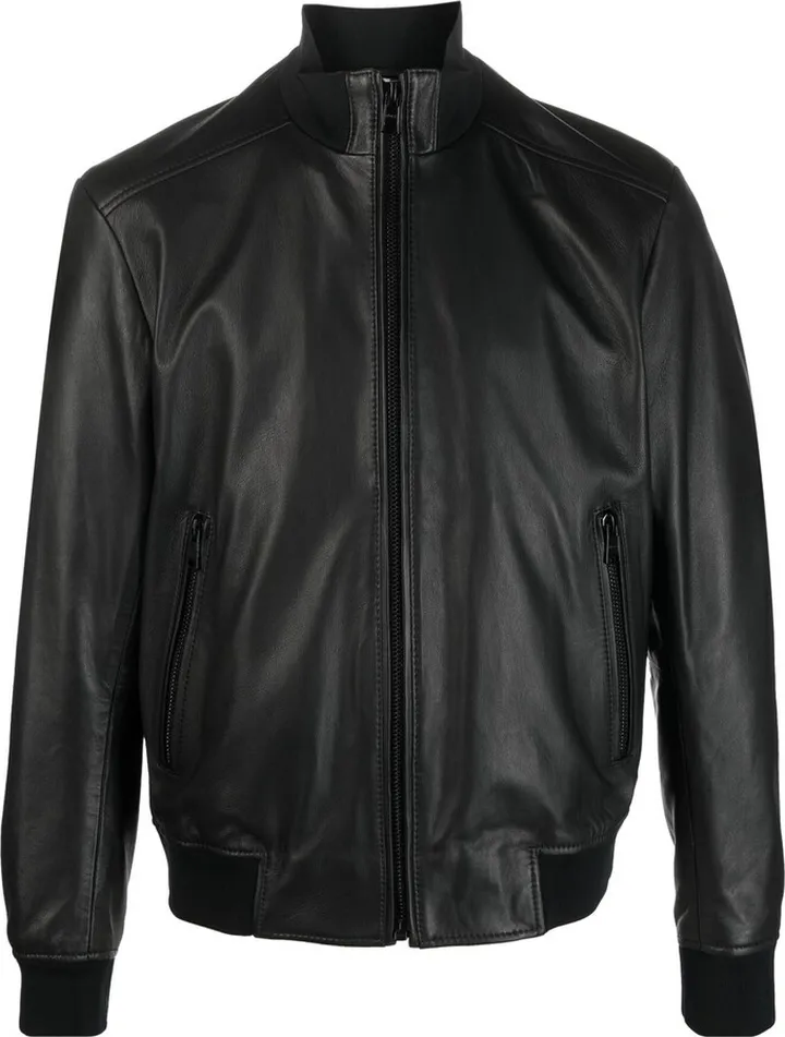 High-Neck Leather Bomber Jacket