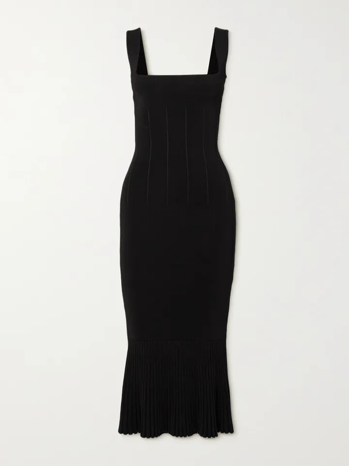 Galvan - Atalanta Pleated Stretch-knit Midi Dress - Black