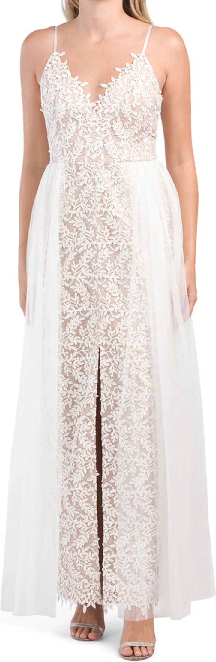 V-neck Embroidered Gown With Front Slit