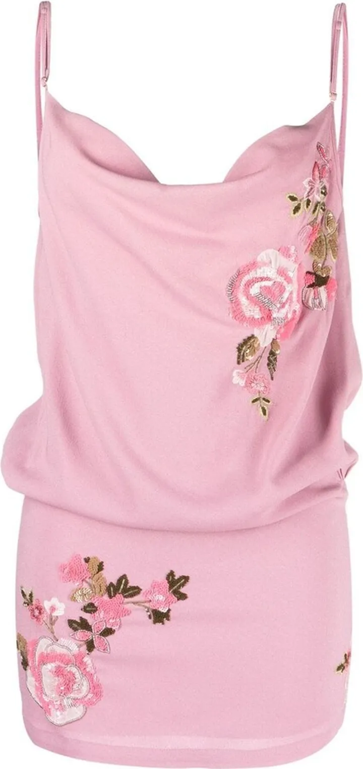 Floral-Embroidered Cowl-Neck Dress