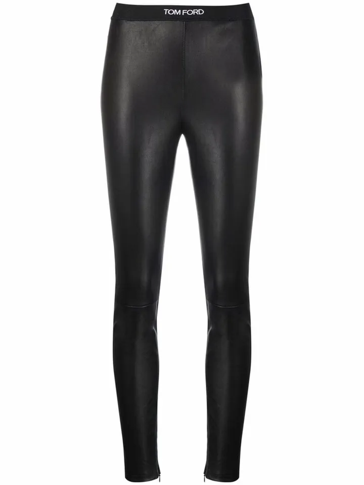 Logo-Waistband Leather Leggings