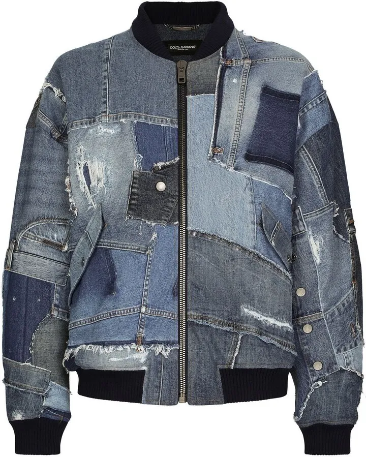 Denim-Patchwork Bomber Jacket