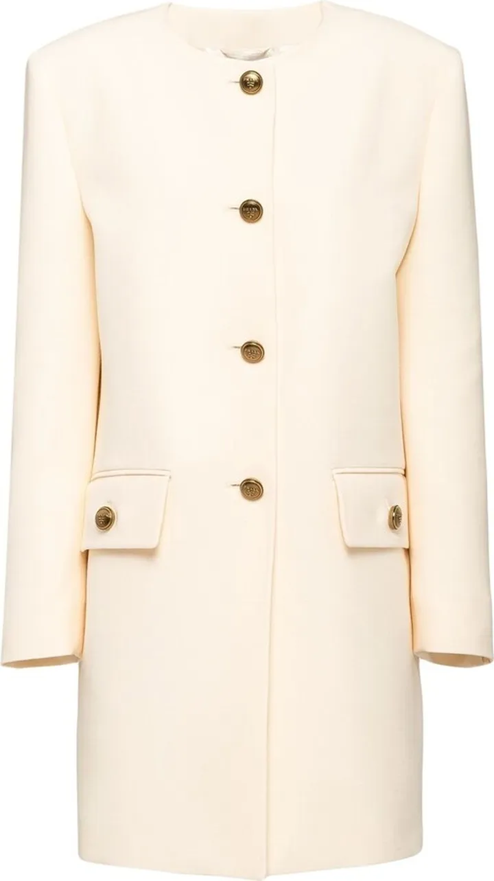 Collarless Buttoned Wool Coat