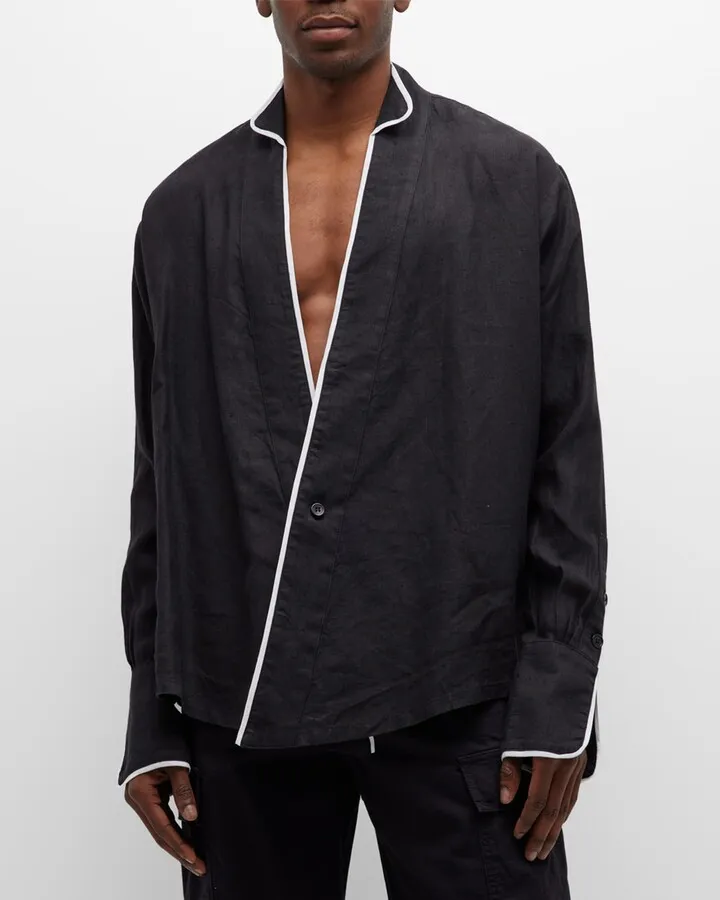 Men's Winged Linen Overshirt with Piping
