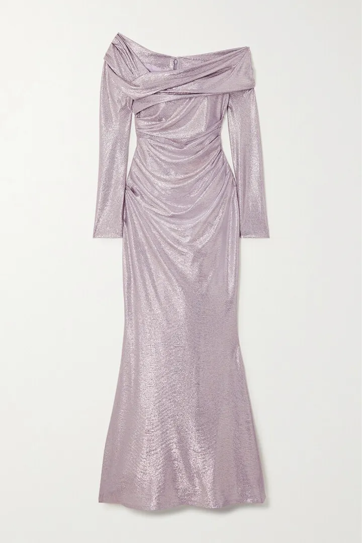 Talbot Runhof - Off-the-shoulder Draped Metallic Woven Gown - Purple