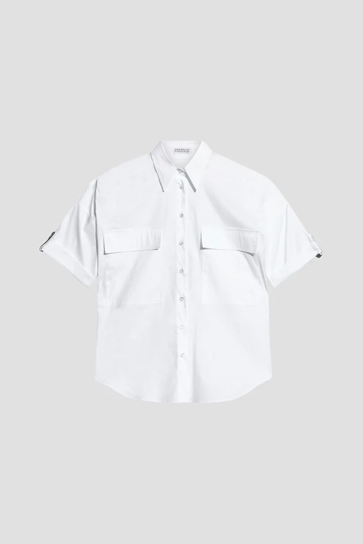 Bead-embellished cotton-blend poplin shirt