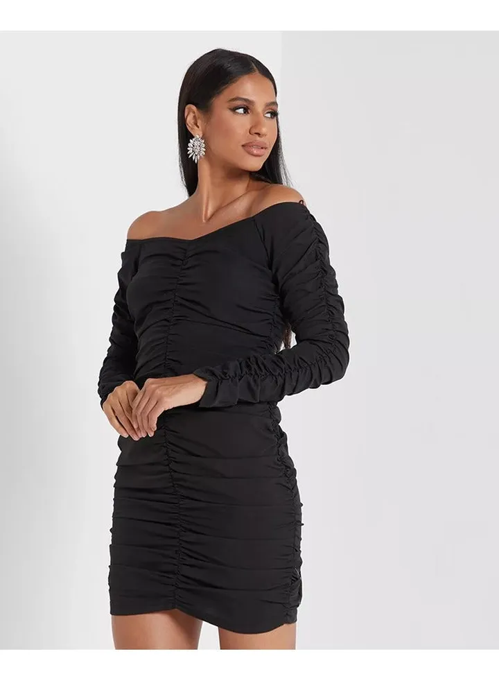 Little Mistress Black Long Sleeved Ruched Mini Dress