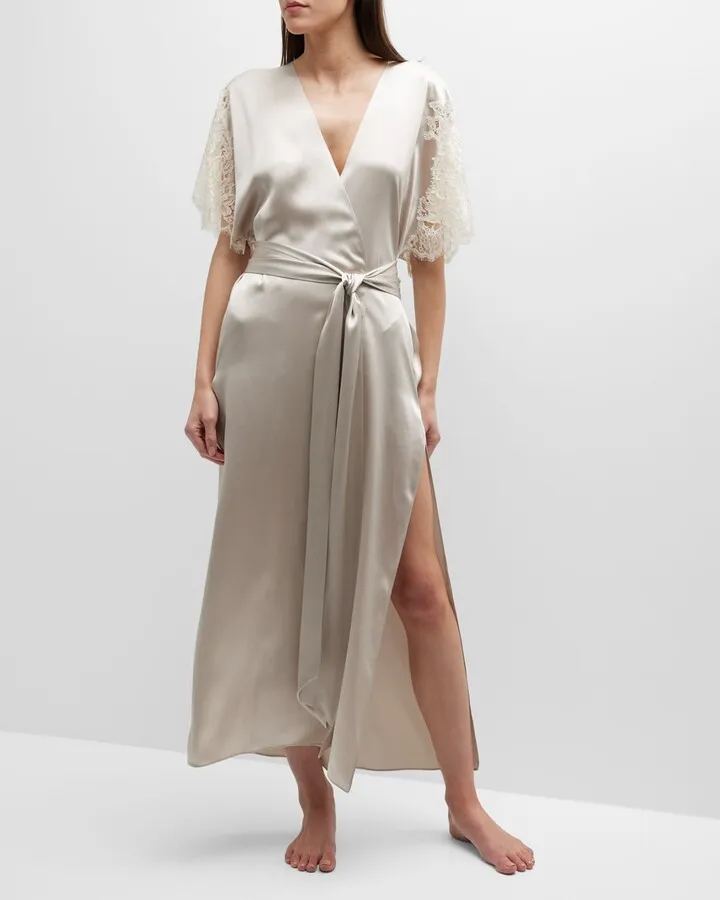 Venus Long Lace-Sleeve Silk Robe