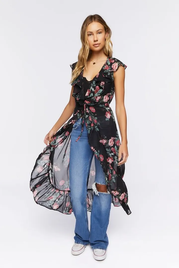 Sheer Floral High-Low Ruffle Tunic