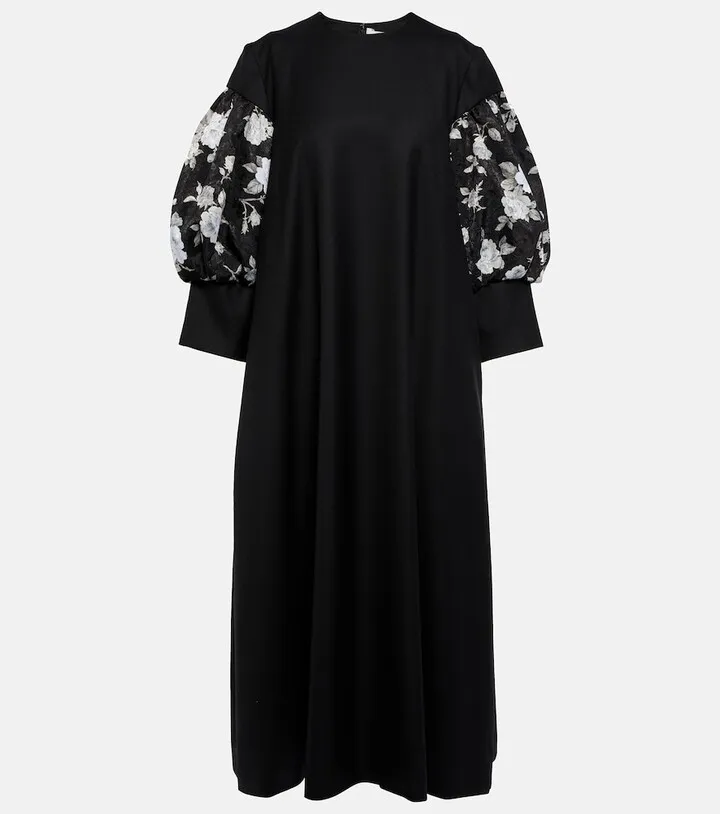 Floral-paneled wool midi dress