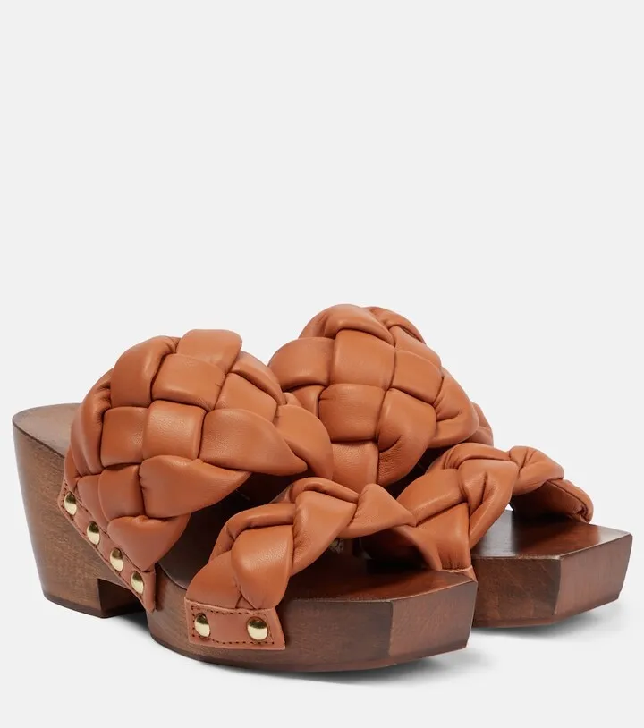 Braided leather and wood clogs