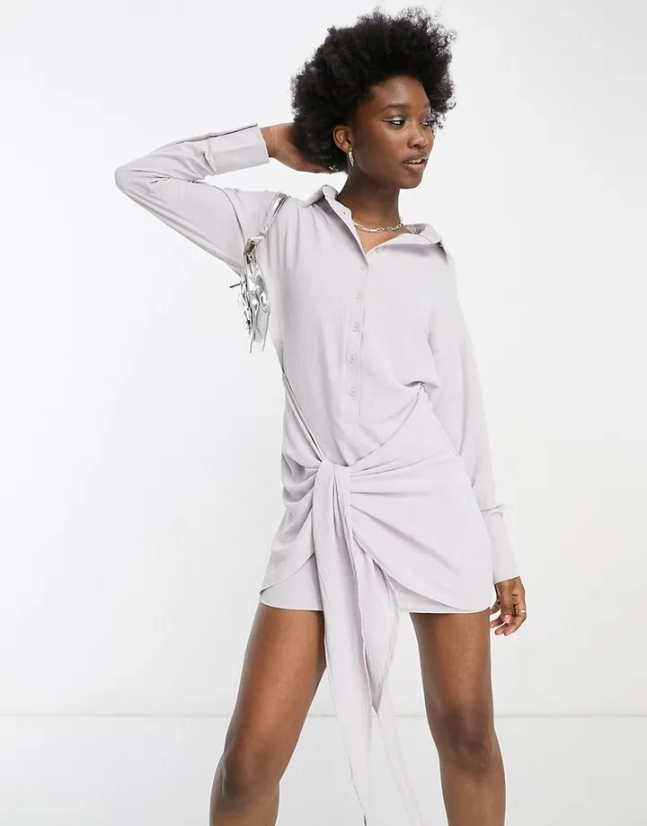 Public Desire wrap mini shirt dress with tie in pale gray