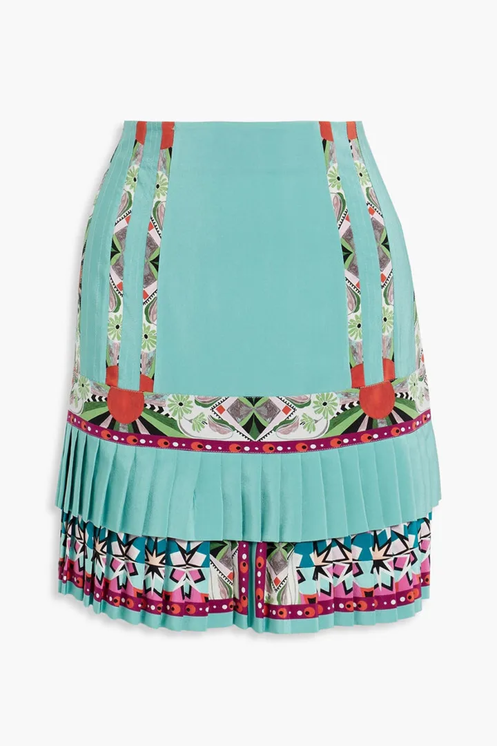 Pleated printed silk crepe de chine mini skirt