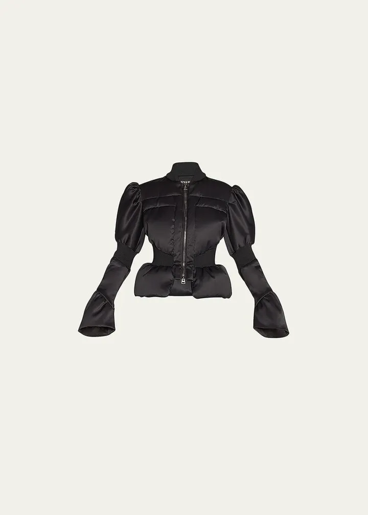 Puff-Sleeve Peplum Padded Bomber Jacket