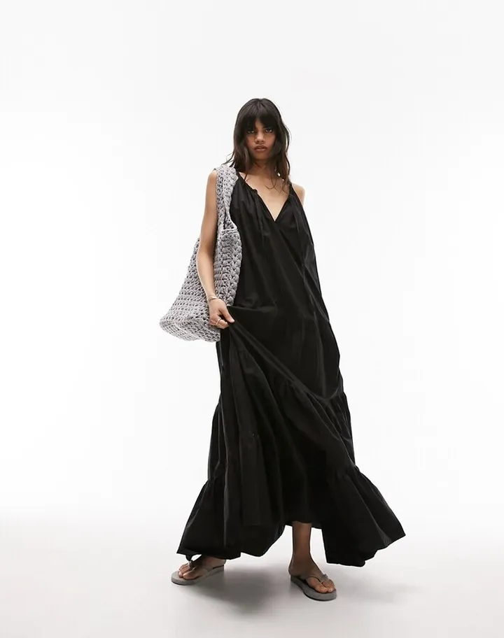 Topshop tiered poplin chuck on maxi dress in black