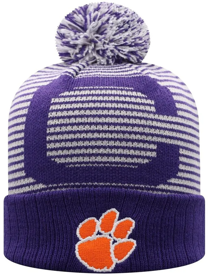 Men's Purple Clemson Tigers Line Up Cuffed Knit Hat with Pom