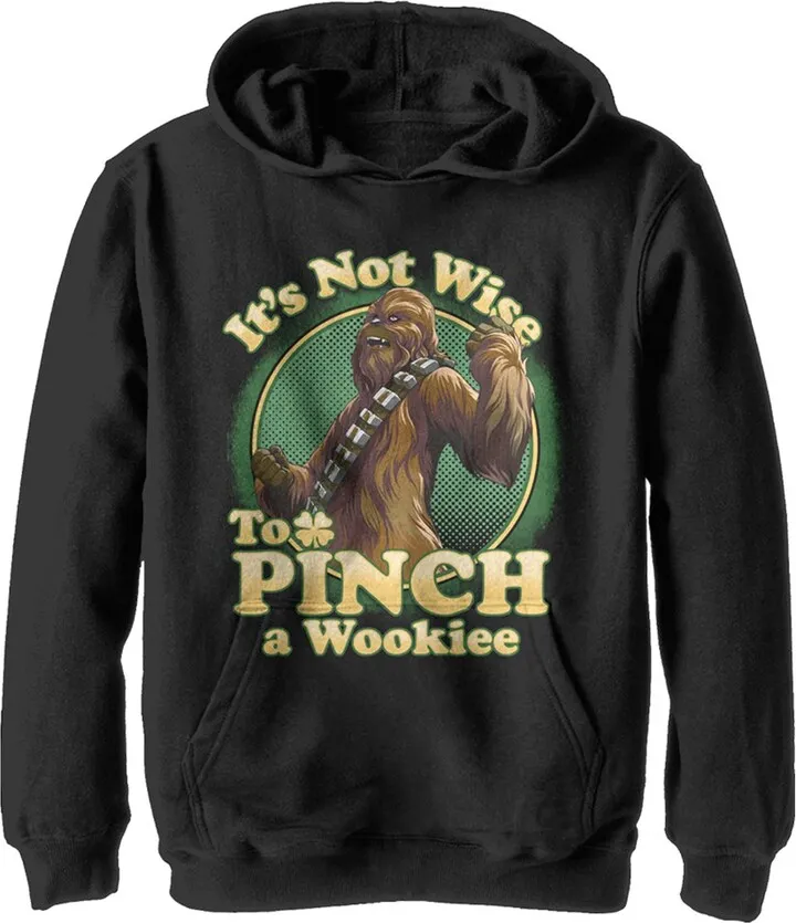 Boy's Star Wars St. Patrick's Day It's Not Wise To Pinch A Wookie Pull Over Hoodie - Black - X Large