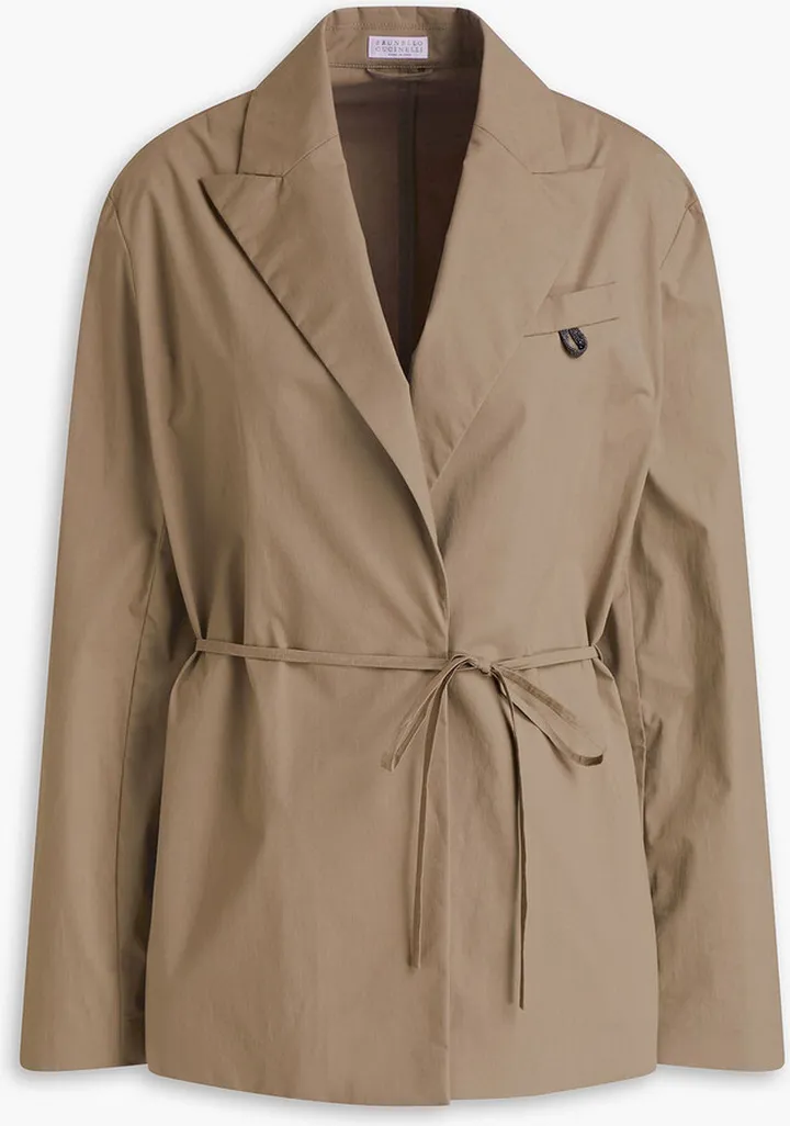 Bead-embellished belted stretch-cotton poplin blazer