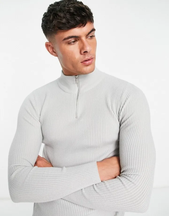 ASOS DESIGN lightweight rib sweater with half zip in gray