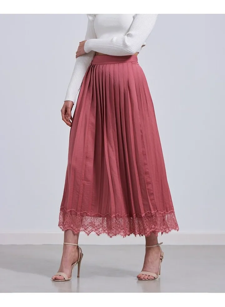 Little Mistress Satin Rose Pleated Skirt With Lace Hem