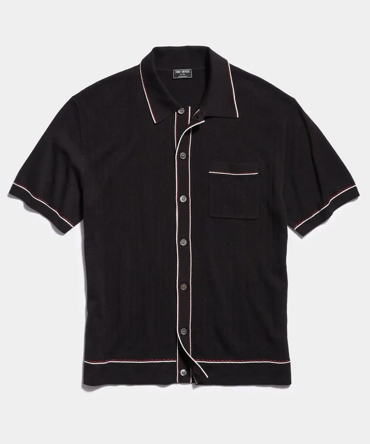 Cotton Silk Short Sleeve Full Placket Riviera Polo in Black