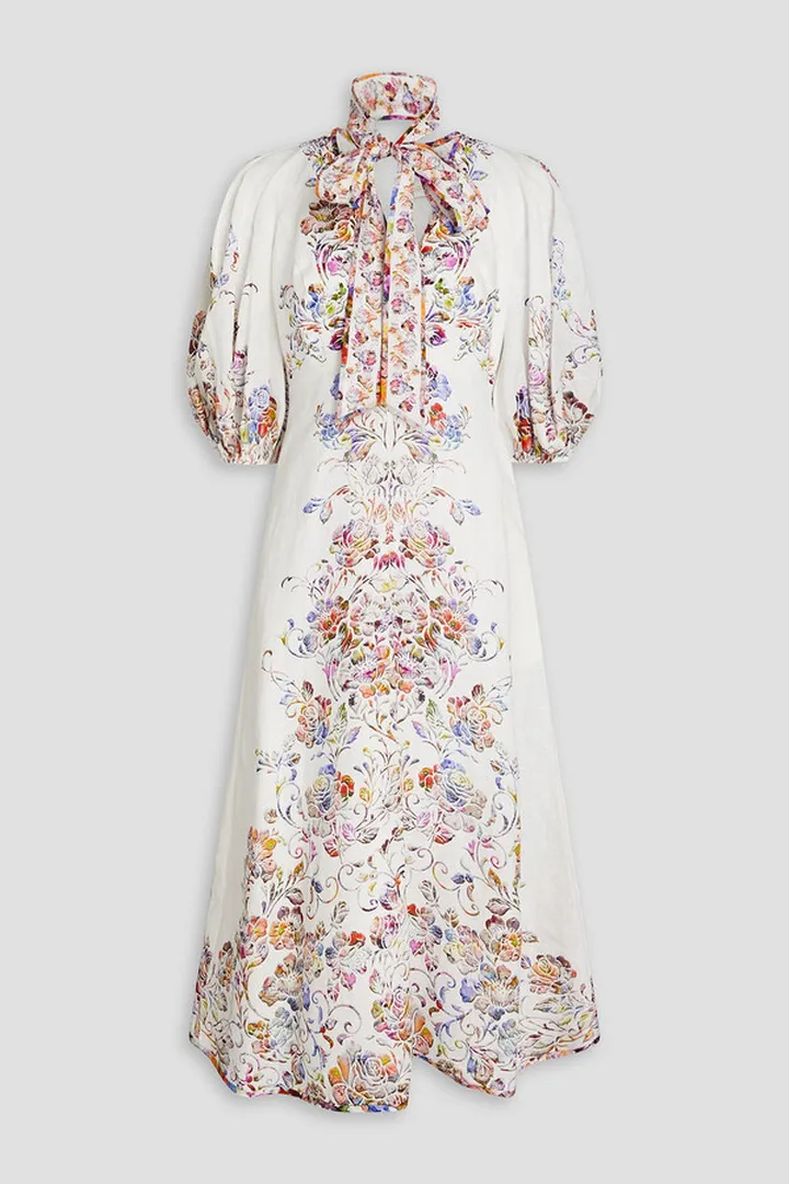 Pussy-bow floral-print linen midi dress