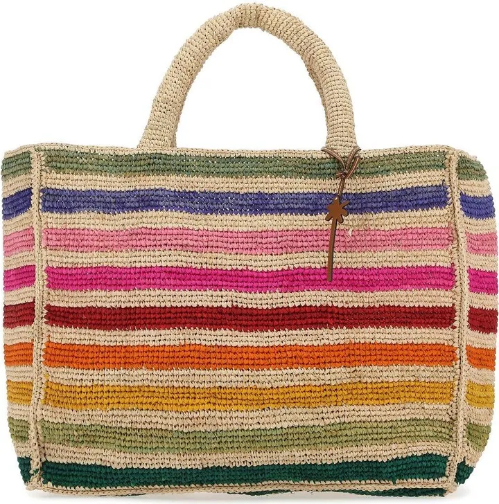 Shopping bag realized in woven raffia characterized by striped embroidery on the entire surface enriched by detachable logoed detail.